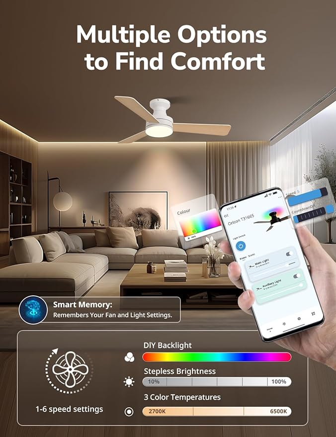 Orison 42-Inch Ceiling Fans with Lights, Low Profile, Flush Mount, Features RGB Backlight, Dimmable Lighting, 6 Speeds, 3 Reversible Blades, Remote and App Control, White