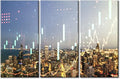 3 Panel Chicago Cityscape Background Financial and Trading Concept Canvas Wall Art Virtual Financial Graph Hologram Canvas Paintings Wall Decor for Living Room Framed Ready to Hang (60"Wx40"H)