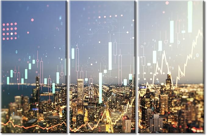 3 Panels Abstract Virtual Financial Graph Hologram on Chicago Cityscape Background Financial and Trading Concept Pictures Wall Art for Bedroom, Living Room, Office. Framed Ready to Hang (42"Wx28"H)