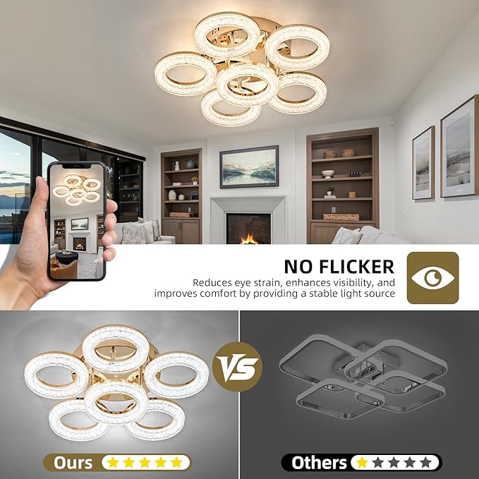 OKELI Modern Ceiling Light, 6 Rings 17.7'' Dimmable LED 60W Flush Mount Ceiling Lights with Remote Acrylic Crystal Round Ceiling Light Fixture, Bedroom Living Room Dining Room, Gold