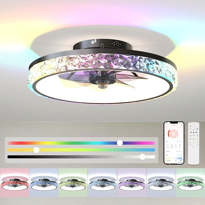 20" Smart RGB Ceiling Fan with Light and Remote/App Control. This bladeless fan has a sleek black design. It features a dimmable, color-changing RGB light. This makes it ideal for bedrooms, kids' room