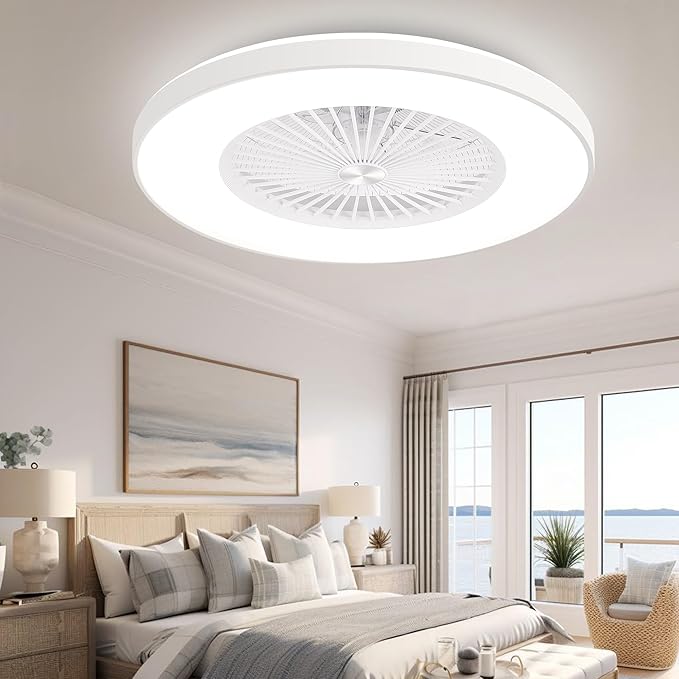 24" Enclosed Ceiling Fan with Light, Low Profile Bladeless Ceiling Fan for Bedroom, 6-Speed Quiet Flush Mount Ceiling Fan with Remote & APP Control, 3-Color Dimmable LED, White