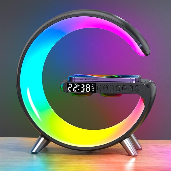 Smart LED Table Lamp,4 in 1 Night Light,Wireless Charger,Alarm Clock and Bluetooth Speaker with App Control Color Changing Atmosphere Table Lamp for Bedroom, Office, Home Decor