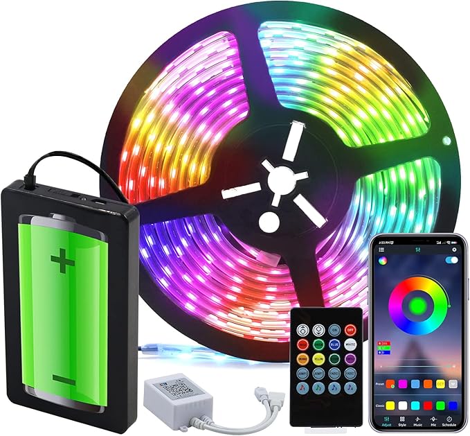 VST RGB LED Strip Lights, IP65 Waterproof 9.8ft LED Tape Light, Music Sync Color Changing Strip Lights, Smart App Control RGB Strip with Rechargeable Power Bank for Bedroom Home Party Decoration