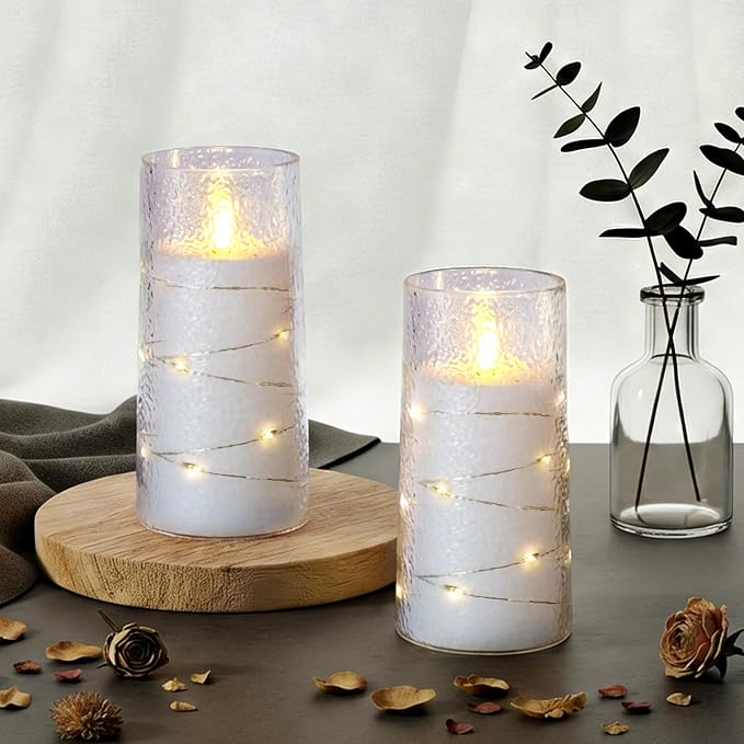 Homemory Upgraded Flameless Candles Flickering with Remote & Timer, 3x6 Inch LED Pillar Candles Battery Operated, Textured Wave Shell with Fairy String Lights, Fake Candle for Wedding, Home Decor