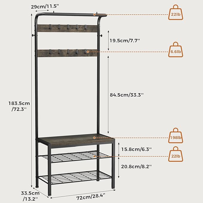 DUMOS Hall Tree with Shoe Bench and Coat Rack, Entryway Bench with Shoe Storage and Hooks, 4-in-1 Coat and Shoe Rack for Entryway, Mudroom Storage Organizer with Shelves, Industrial Grey