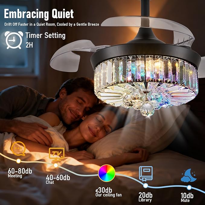 30" RGB Fandelier Ceiling Fan with Light, Retractable Crystal Chandelier Fan LED Dimmable Ceiling Fan and Remote APP Control for Living Room Dining Room Bedroom Black