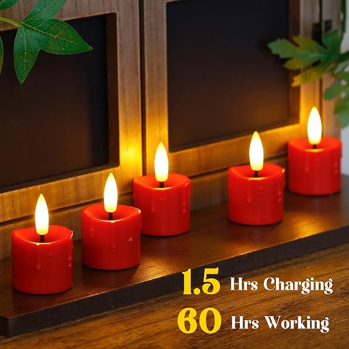 Rechargeable Flameless 1.6" x2.5" Tea Light Candles with Remote & Type-C Charging Cable, Timer LED Flickering Red Plastic 9pcs Mini Dripping Wax Votive Tealight
