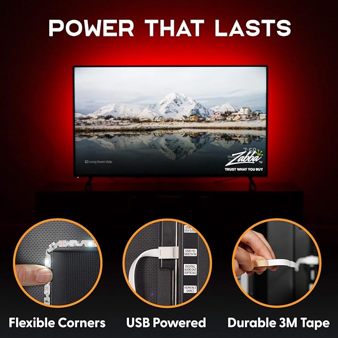 Power Practical LED Lights for TV in Living Room or Bedroom, Luminoodle Backlight, USB Powered Strips w/Remote for 15 Ambient Color Bias Lighting Options & 10 Brightness Modes, Size (30"-40" TV)