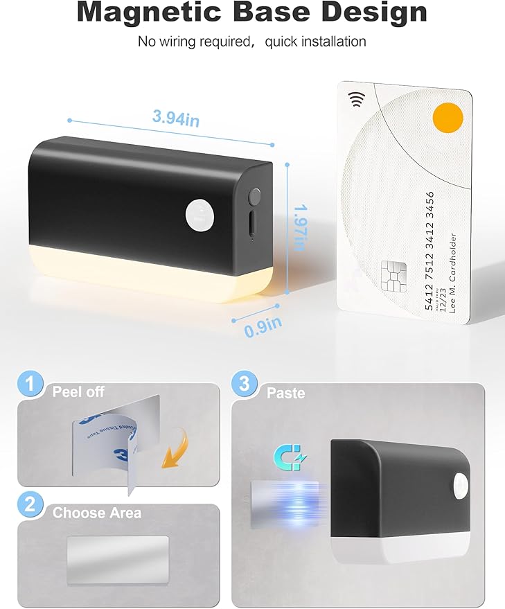 VOLISUN Motion Sensor Night Light, Rechargeable Stair Lights Indoor, Battery Operated Night Light for Hallway, Stairway, Bathroom, Bedroom, Kitchen, 3 Modes & 3 Color Temperatures(3 Pack Black)