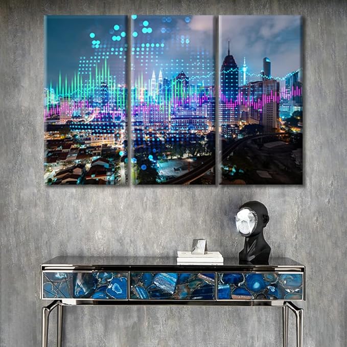 Stock Market Graph Hologram Night Panorama City View Canvas Paintings Canvas Wall Art 3 Panel Stock Market on Display Pictures Wall Art for Living Room Posters and Prints Ready to Hang (36"Wx24"H)