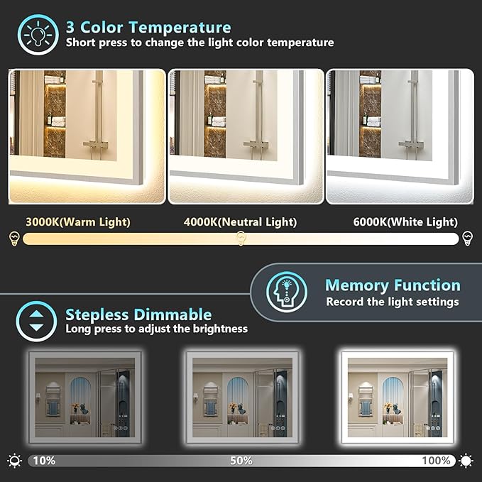 44x36 Brushed Nickel LED Bathroom Mirror with Lights, Sliver Framed Backlit and Front Lit Anti-Fog Lighted Vanity Mirrors for Bathroom Wall, Dimmable, 3 Colors, Memory, Tempered Glass, CRI＞90