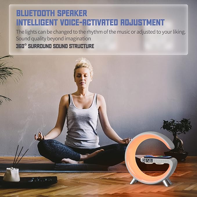 Smart LED Table Lamp,4 in 1 Night Light,Wireless Charger,Alarm Clock and Bluetooth Speaker with App Control Color Changing Atmosphere Table Lamp for Bedroom, Office, Home Decor