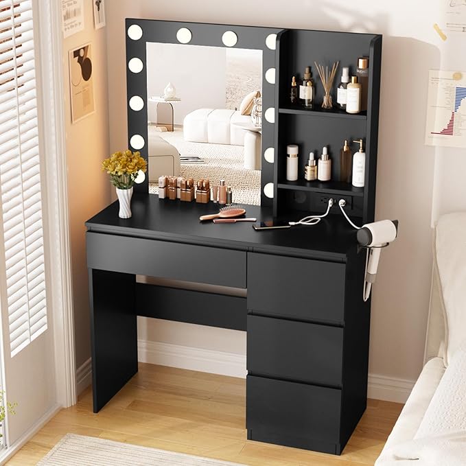 Fameill Black Makeup Vanity with 10 Lights & Power Outlets, Big Vanity with 3 Storage Compartments, Vintage Vanity Set with Large Drawer and Cabinet, 45in