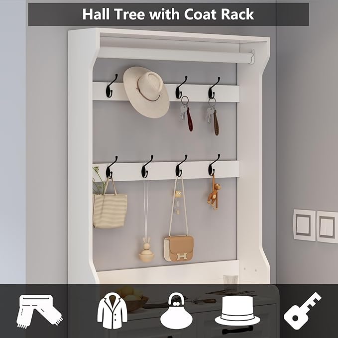 Betoko Hall Tree with Shoes Storage,Farmhouse Entryway Coat Rack Wooden Mudroom Hallway Tree Bench Corner Tree Cabinet with 8 Coat Hooks and 3 Shoes Cabinets and 2 Drawers(White)