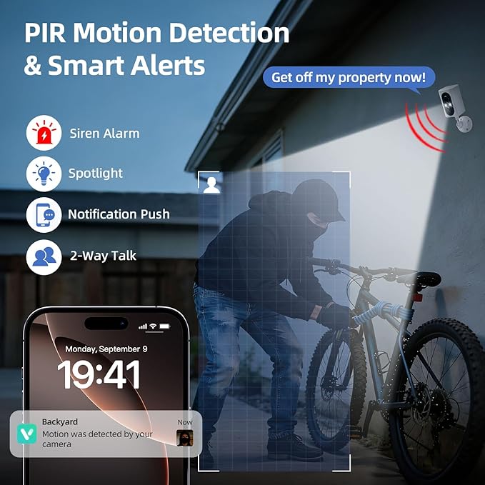 Security Cameras Wireless Outdoor 355° Pan Rotating 2K Color Night Vision Cameras for Home Security WiFi Battery Outdoor Camera Motion Detection 2-Way Talk IP65 Spotlight Siren SD/Cloud Storage
