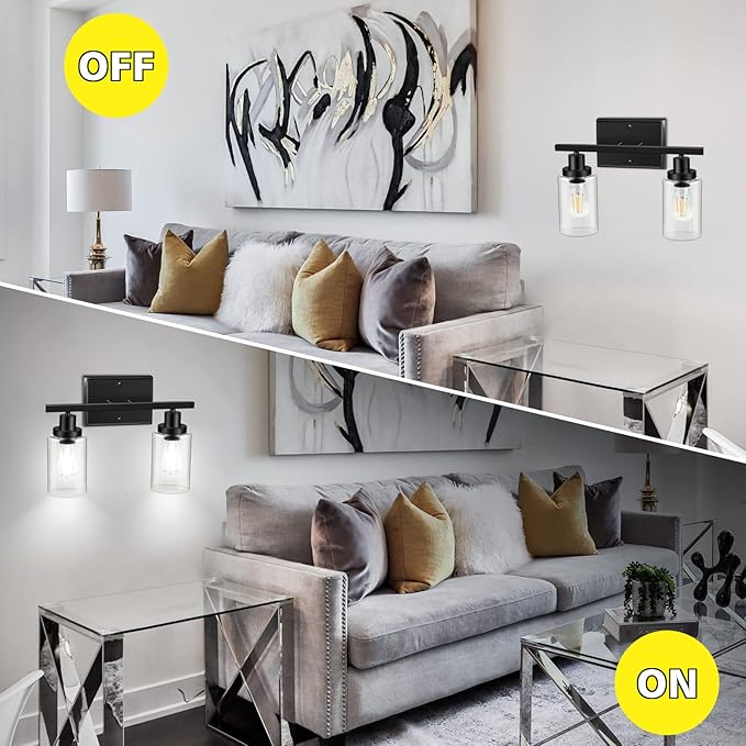 Ascher 2-Light Wall Sconces, Modern Vanity Light Fixture Black Finish, Wall Light with Clear Glass Shade for Mirror Hallway Bedroom, E26 Base (Bulbs Not Included)