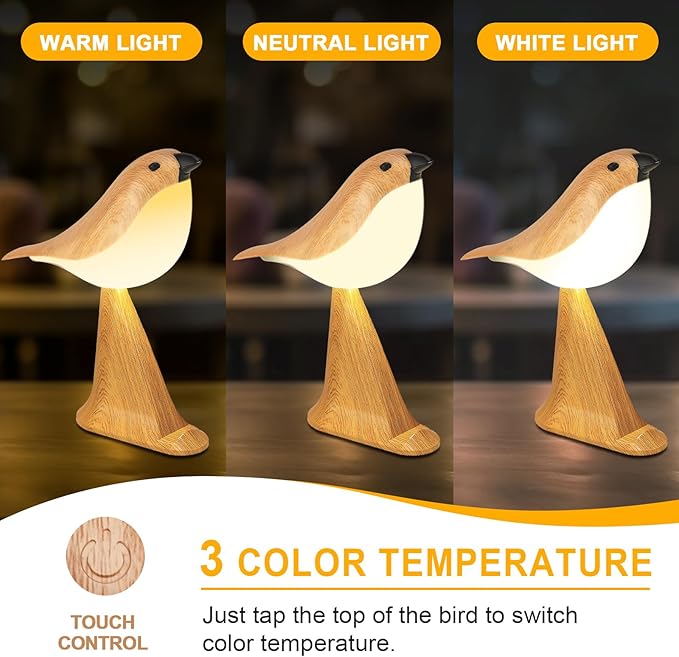 Cute Bird Table Lamp, Touch Control Bedside Lamp, Brid Night Light, Cordless Small Desk Lamps Battery Operated Nightstand Lamps, 3-Way Dimmable Light, Rechargeable Desk Decoration