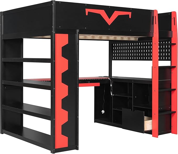 Full Size Gaming Loft Bed with Integrated Desk & RGB LED Lights,Bunk Bed with Power Outlet, Large Bookshelf, Pegboard, Keyboard Tray & Drawer (Red-Bo, Full)