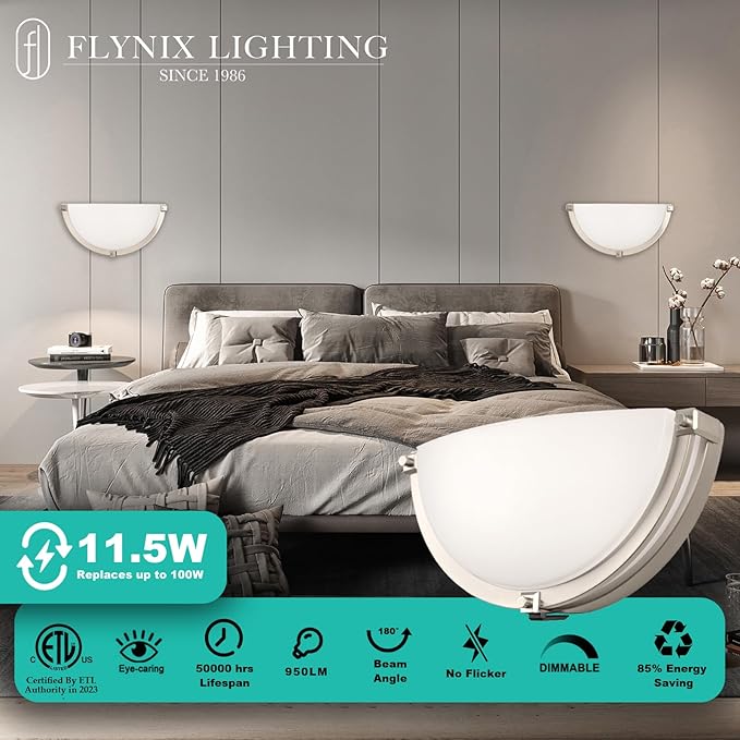 13 inch Dimmable LED Wall Sconce, Half Moon Wall Light Fixture, 3000K/4000K/5000K Color Temperature Adjustable, Modern Bathroom Vanity Light Fixtures，Super Bright (Brushed Nickel) 2 Pack