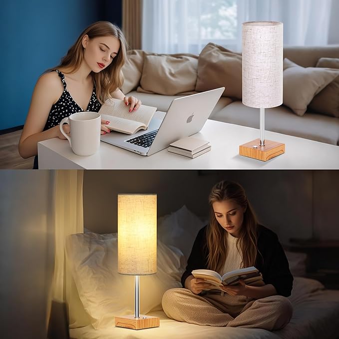 Cordless Table Lamp with Dimmable, Rechargeable 3 Modes Battery Powered Bedside Lamp, rv Essentials Battery Operated Lamps, Touch Lamp for Bedroom, Living Room, Reading Room,15 Inch Beige wood 2PK