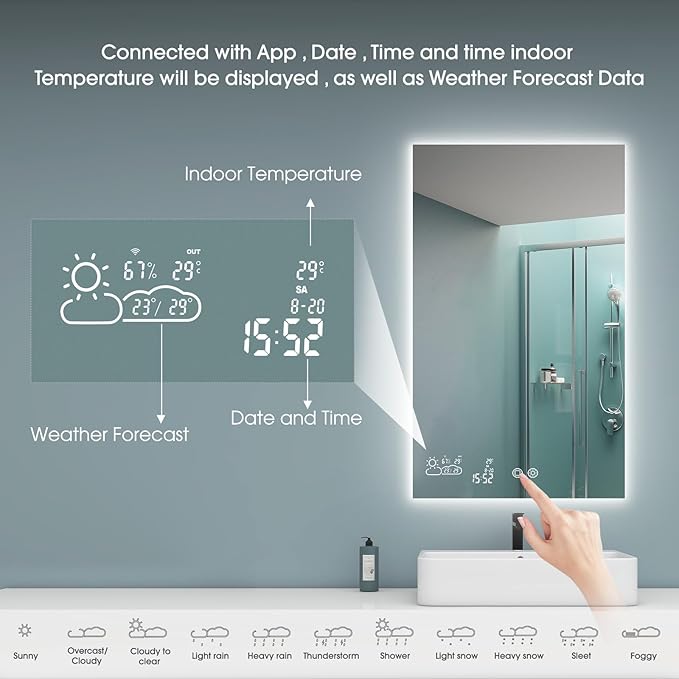 BYECOLD 24”X 40”Bathroom Bluetooth Smart Mirror Large Makeup Led Lighted Mirror with Adjustable 3 Light Colors, WiFi Enabled Weather Display, Fog Free, Memory Function Touch Sensor- Vertically Hangs