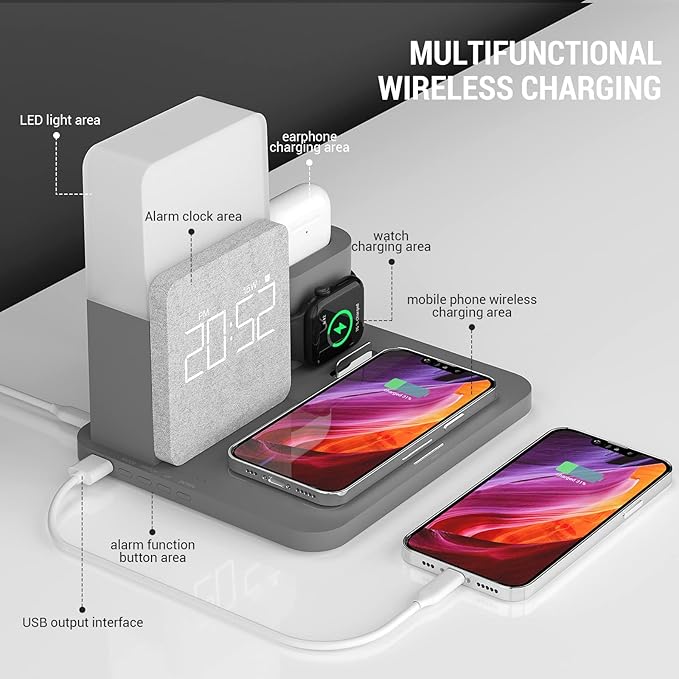 Wireless Charging Station, iPhone 3 in 1 Fast 15W Wireless Charger with Alarm Clock and Night Light, Charging Dock for iPhone 12/13/14/15/16/17 Pro/Pro Max, Samsung, AirPods