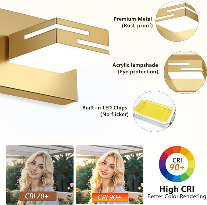 LED Modern Bathroom Vanity Light Fixtures, 3-Light 22-inch Dimmable Gold Vanity Lights for Bathroom Lighting Fixtures Over Mirror, with 350° Rotatable Heads (Cool White 6000K)