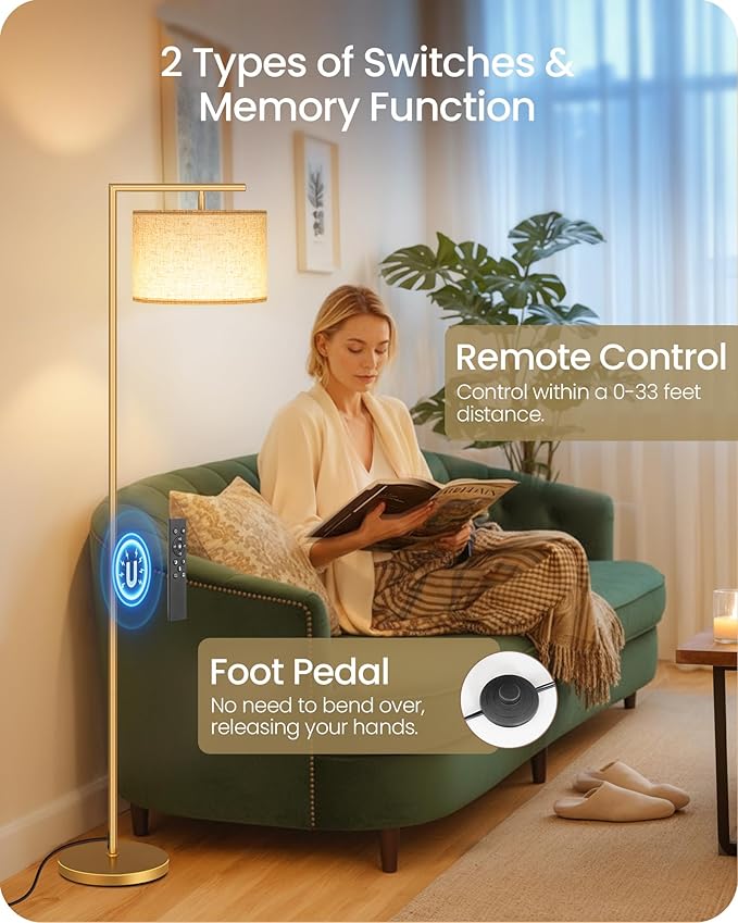 Modern Dimmable Floor Lamp for Living Room, Corner Tall Lamp with Fabric Shade, LED Bulb Included, Arched Reading Light with Remote Control and Foot Pedal, Beige and Gold DE11LD05