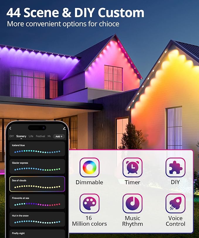 Smart Permanent Outdoor Lights, 150ft with 108 LED RGB String Lights, IP67 Waterproof Eaves Light with 44 Scene Modes for Halloween Christmas Birthday Holiday Party, APP/Voice/Remote Control