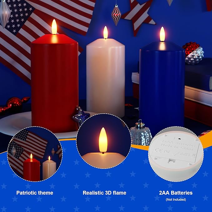 Patriotic Red White and Blue Candles, Real Wax Flameless Pillar Candles with Remote, 4th of July Led Candles, Independence Day Flameless Candles for Patriotic Decor, 3 Pack (D 3" x H 6")