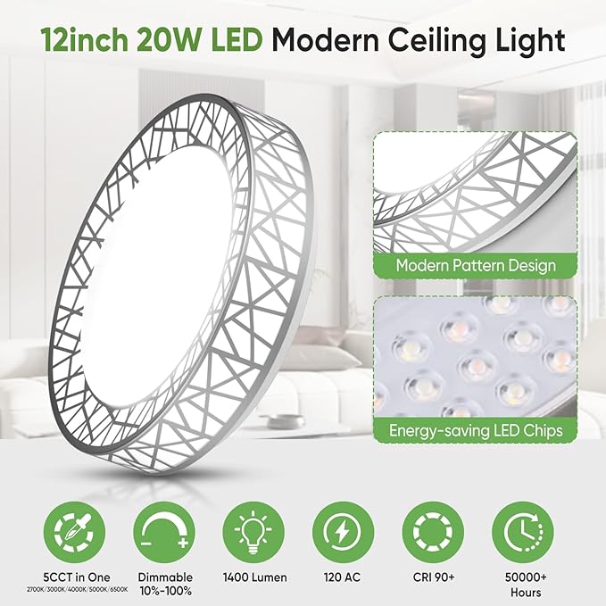 12 Inch Flush Mount Ceiling Light, Modern Brushed Nickel LED Ceiling Light Fixture, 20W 1400LM 2700-6500K Adjustable, Dimmable Ceiling Lights for Bedroom, Kitchen, Hallway, Bathroom, ETL