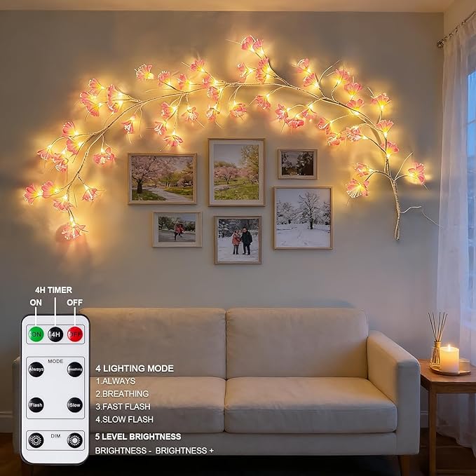 Cherry Blossom Tree Branch Lights: Cherry Blossom Willow Vine Garland with 54 LED Light and Remote for Wall Decor - 4 Lighting Modes Christmas Indoor Decorations for Home Bedroom Window (Pink)