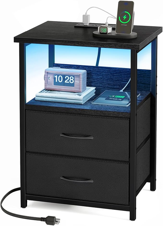 Fixwal Night Stand with Charging Station, LED Nightstand with U-S-B Ports and Outlets for Small Spaces, 2 Fabric Storage Drawers, Bedside Table End Tables Bedroom, Modern Black