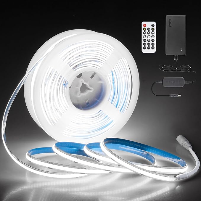 White COB Led Strip Lights 65.6FT/Roll with Dam-Process 6500K 24V LED Light Strips with Remote Cold White Dimmable COB LED Light Flexible LED Rope Light for Bedroom Cabinet Home DIY Lighting 480LED/M