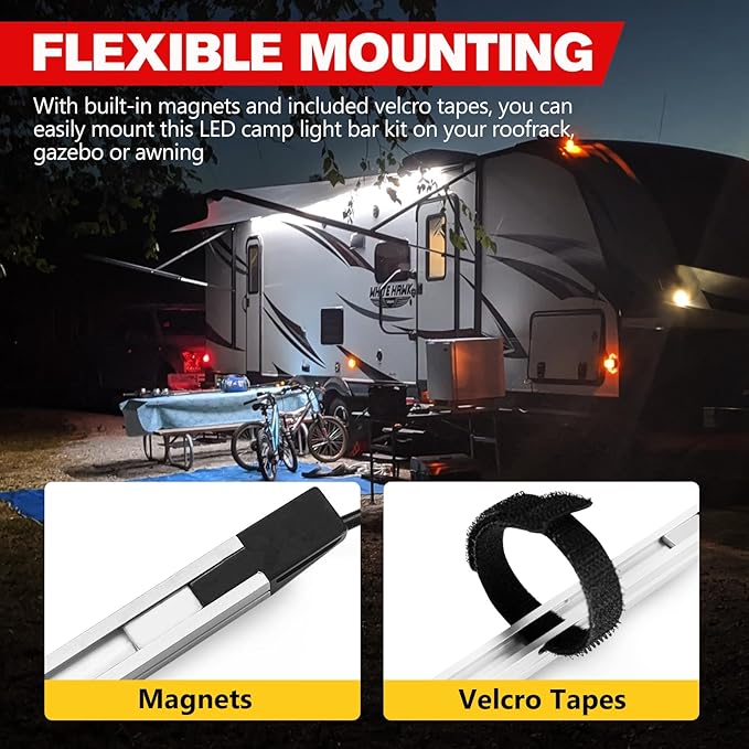 FIERYRED 2PCS 12V Dimmable LED Camping Light Bars IP67 Waterproof & Dustproof, Built-in Magnets & Velcro Mount, Aluminum Lighting Kit for Tent, RV, Awning, Roof Rack, Vehicle, White