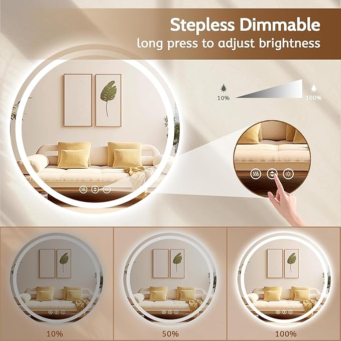 Led Bathroom Mirror with Lights, Anti-Fog & Tri-Color Lighting - Wall Mounted Shaving Mirror with Touch Sensor, Waterproof Smart LED Vanity Mirror Tempered Glass Dimmable (24" L x 24" W)