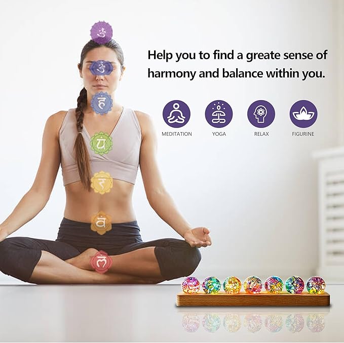 Set of 7 Crystal Balls Night Light Decor Healing Spheres with LED Wooden Stand for Meditation Energy Balancing Home Office Decoration Valentines Gifts for Women