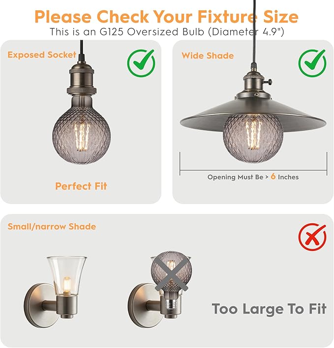 Vintage Edison LED Bulbs, Dimmable 4W Globe G125, 2200K Warm White Ambient Mood Lighting for Decoration, Squirrel Cage Filament, Smok Diamond Figure Glass LED Light Bulbs, E26 Base