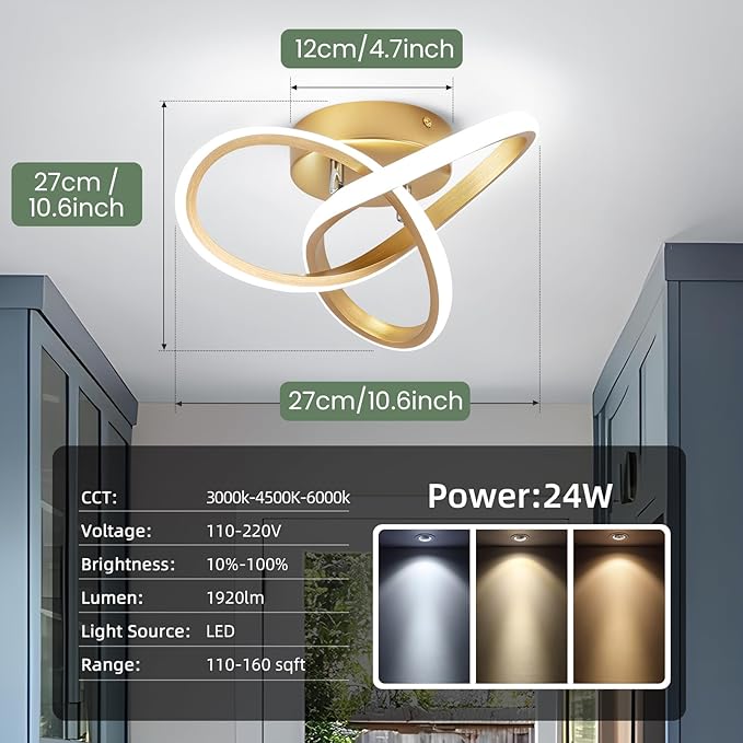Gold Hallway Ceiling Light Fixtures 3000K-6000K Dimmable LED Ceiling Light with Remote Control Modern Flush Mount Ceiling Lights for Bedroom Bathroom Kitchen Balcony Stair Aisle Ceiling Lamp (Gold)