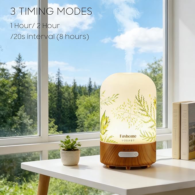 Essential Oil Diffuser Hand Blown Glass, 100ml Small Aromatherapy Diffuser, Auto Shut-Off Function, Ultrasonic Diffusers for Essential Oils, Cool Mist Humidifier with Warm White Lights