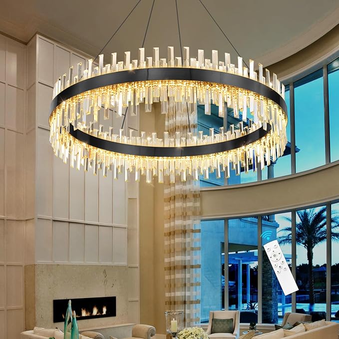 Glam Crystal Chandelier Large Ring Chandeliers with Remote Dimmable LED Light Adjustable Hanging Lights Luxury Ceiling Pendant Lighting Fixtures for Living Dining Bedroom Foyer Black Light