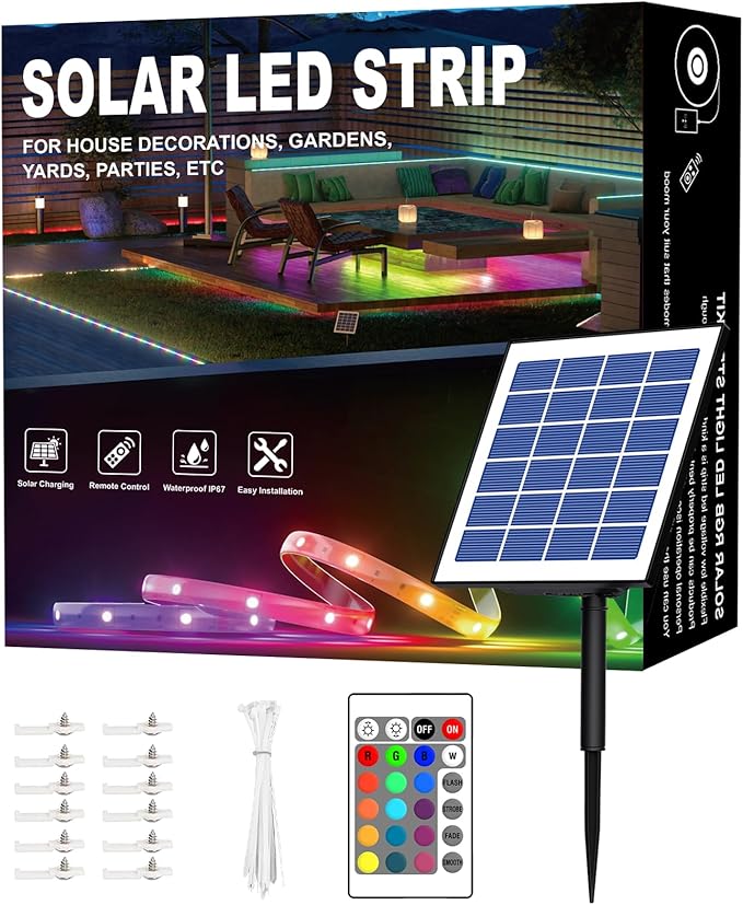 50ft RGB Outdoor Led Strip Lights Waterproof, Solar Led Strip Lights Outdoor with Self-Adhesive, Auto On/Off 16 Colors and 4 Modes with Remote Timer Great for Patio, Pathway Decor