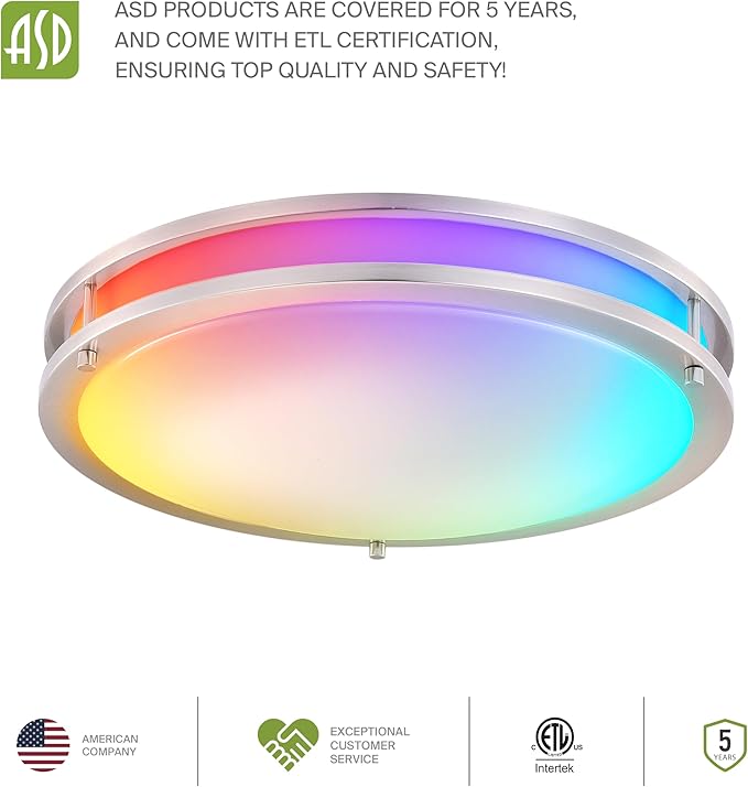 ASD LED 18" Round Flush Mount Lighting, Close to Ceiling Light Fixture | Smart, Multicolor, Dimmable, ETL Listed | 28W 1844LM RGB-2700-6500K 120V | Low Profile Double Ring Lamp | Nickel