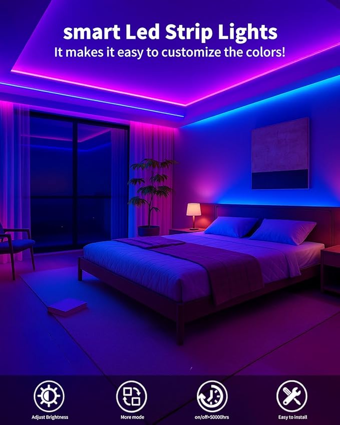 Smart LED Strip Lights 100FT for Bedroom App Control Lighting Bedroom Rome Decor with Remote, RGB Music Sync Color Changing LED Lights for Party,Game Room