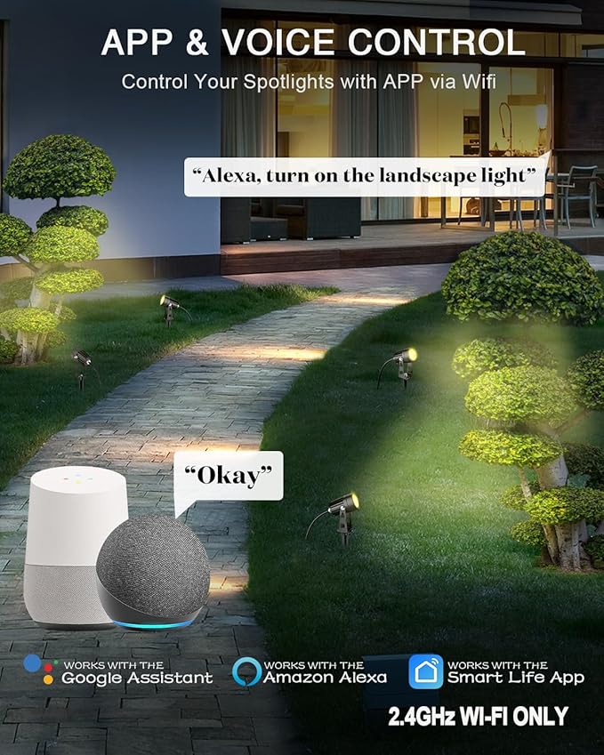 8-Pack Low Voltage Landscape Lighting Kit with WiFi 72W Transformer, 3W LED Spotlights with 65ft Cable, App and Voice Control, 3000K Warm White, 12-24V, IP65 Outdoor Pathway Uplights