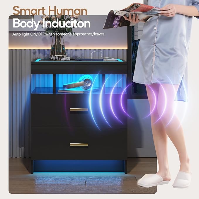 LED Nightstand Set 2 with Wireless Charging Station,Black Night Stand with 2 Drawers,Glass Top Smart Bedside Table,Modern End Table Side for Bedroom,Living Room,Office