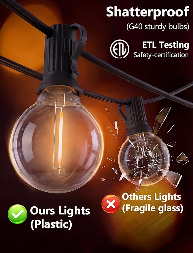 LED Outdoor String Lights, 25Ft G40 Globe Patio String Light Waterproof with 27 LED Warm White Bulbs, Hanging Outdoor Lights for Backyard Garden Porch Bistro Wedding Party Holiday Decor, Black Wire