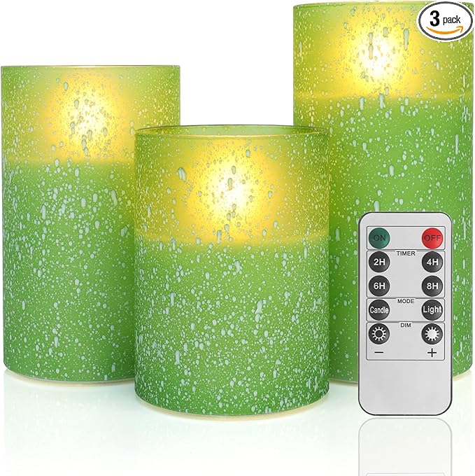 Mingfuxin Green Flameless Candles with Remote – Battery Operated LED Flickering Pillar Candles with Timer for Safe Home Decor – Ideal for Family with Kids and Pets