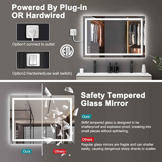 40x32 LED Bathroom Mirror with Lights, Anti Fog Vanity Mirror Wall Mounted, Dimmable Front Light and Backlight, Memory Function Tempered Glass, Shatter Proof ETL Listed